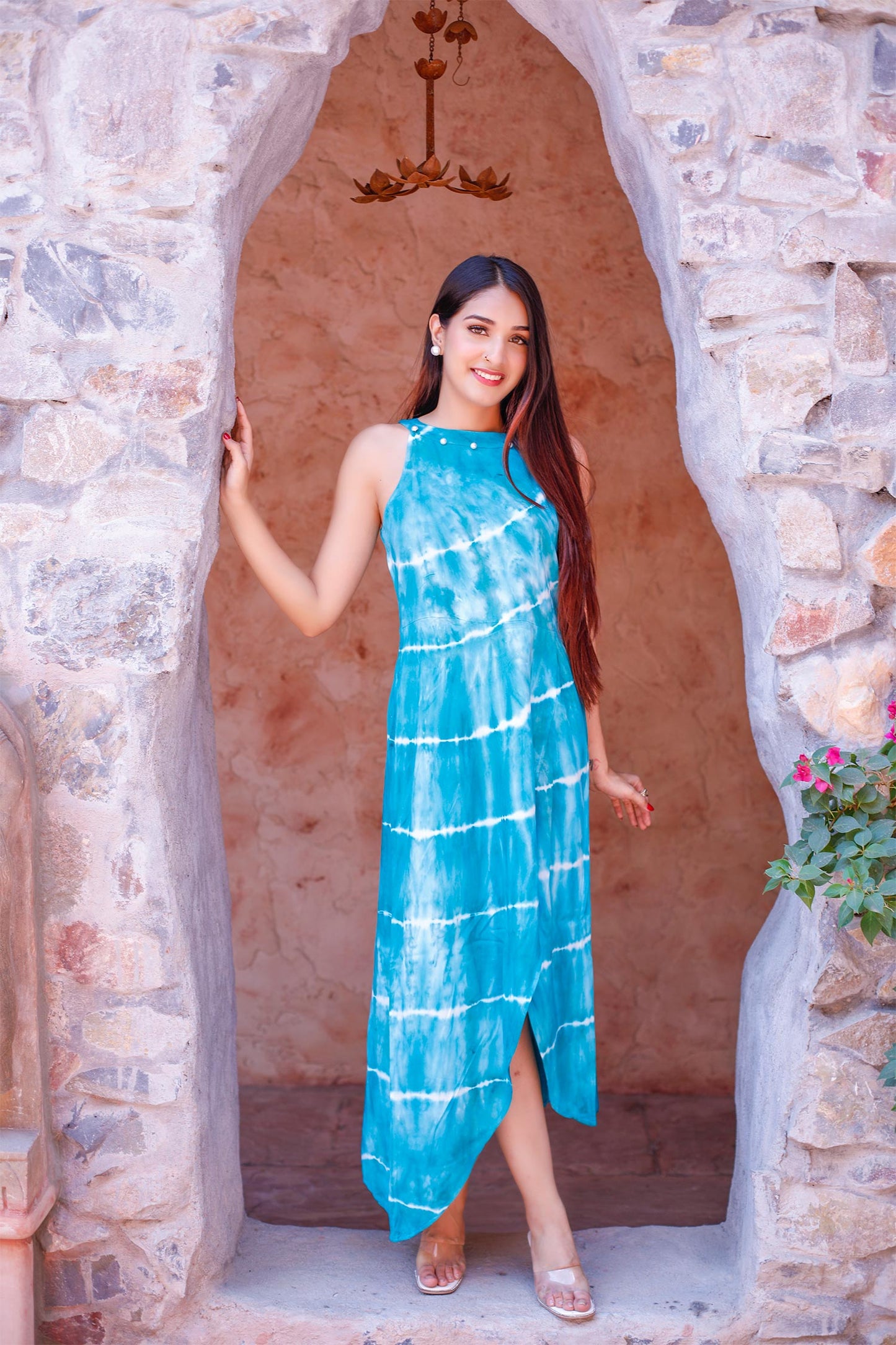 Blue Halter Dress with Pearls