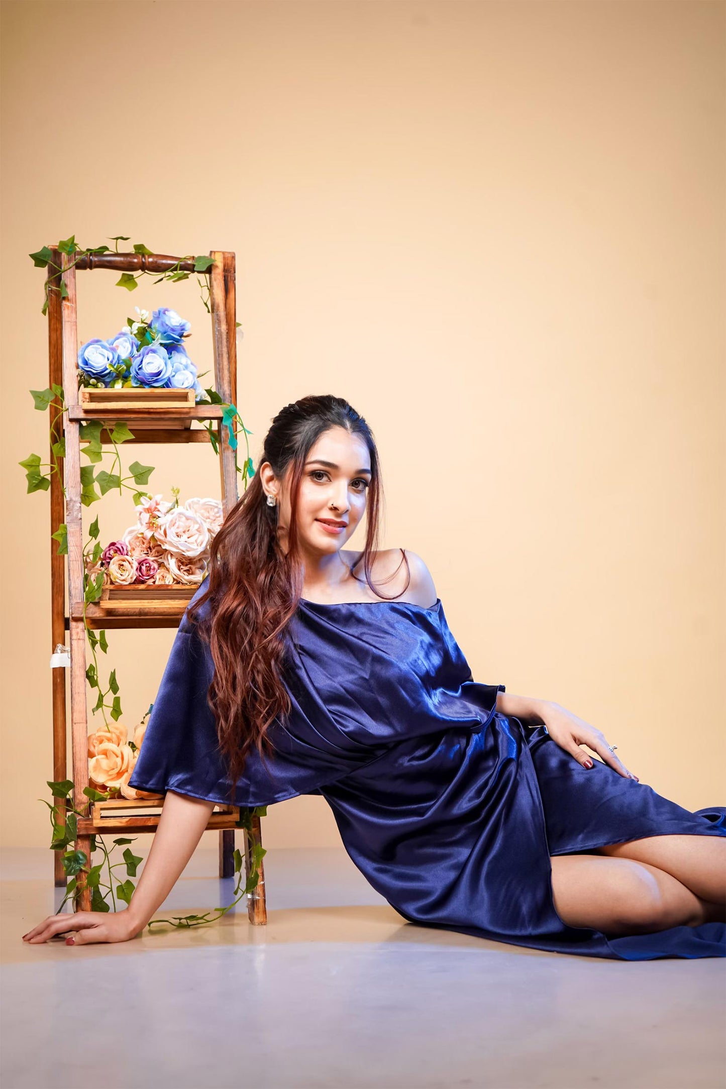 Midnight Satin Shoulder Drape Dress