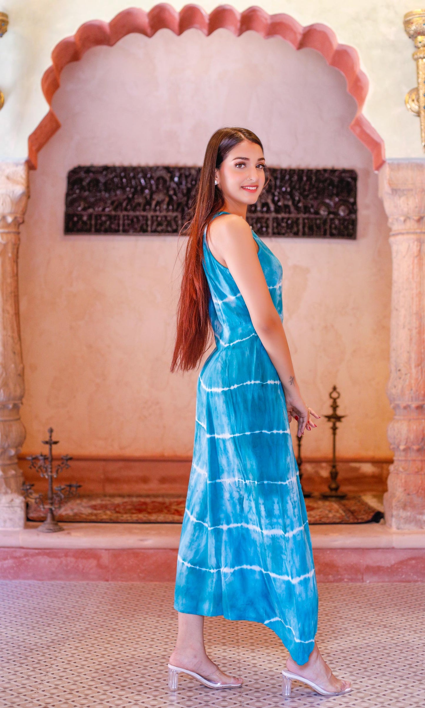 Blue Halter Dress with Pearls