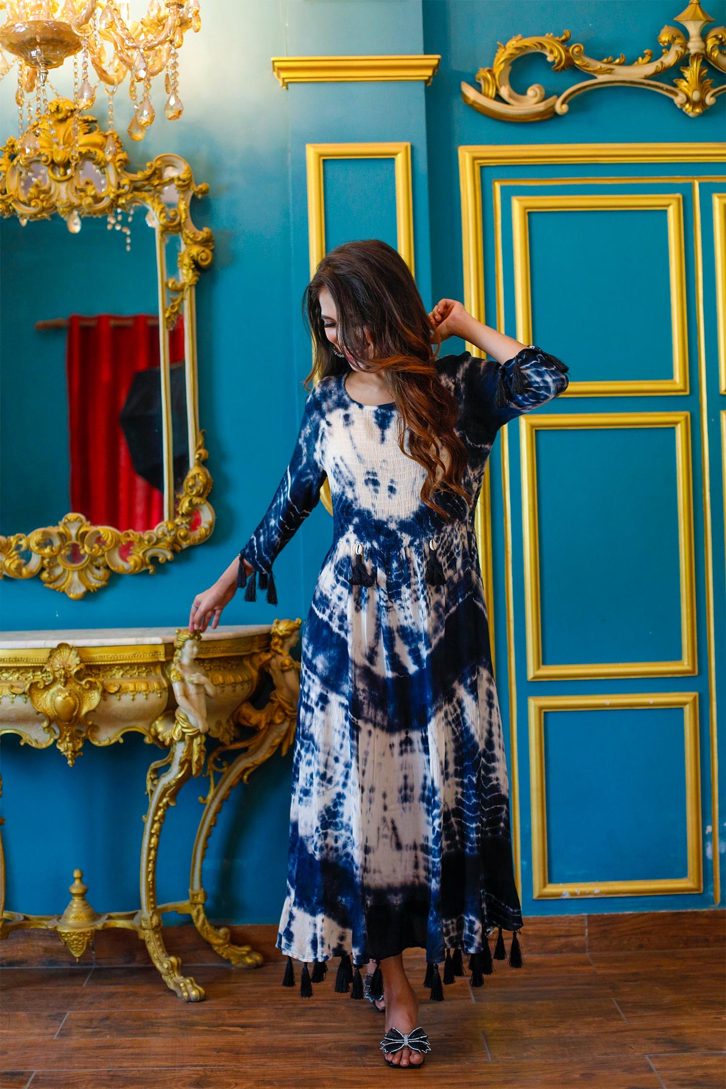 Blue Tie and Dye Dress with Tassels