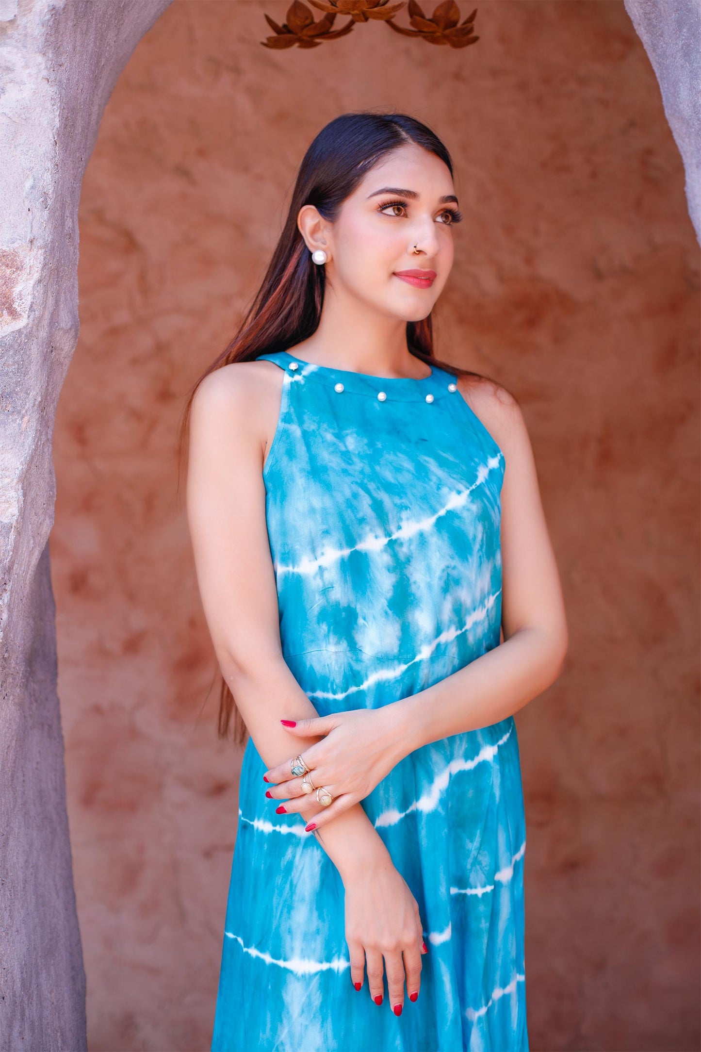 Blue Halter Dress with Pearls