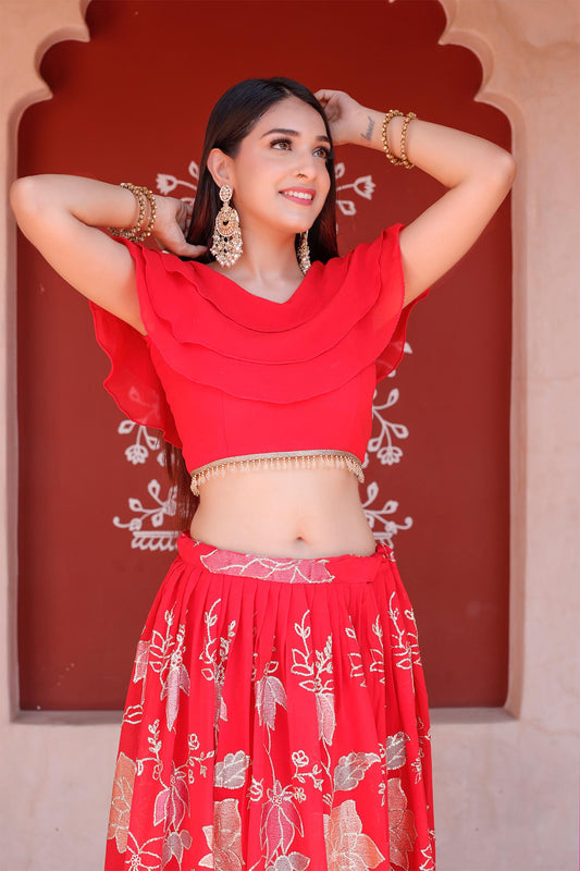Red Sequin Lehenga with Blouse	