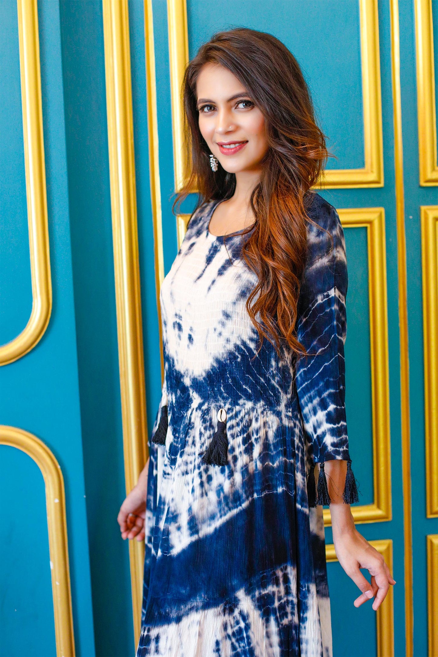 Blue Tie and Dye Dress with Tassels